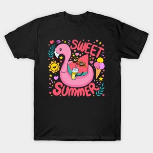 Sweet Summer a fun and colourful Summer time design a cute watermelon wearing sunglasses on a flamingo floaty T-Shirt